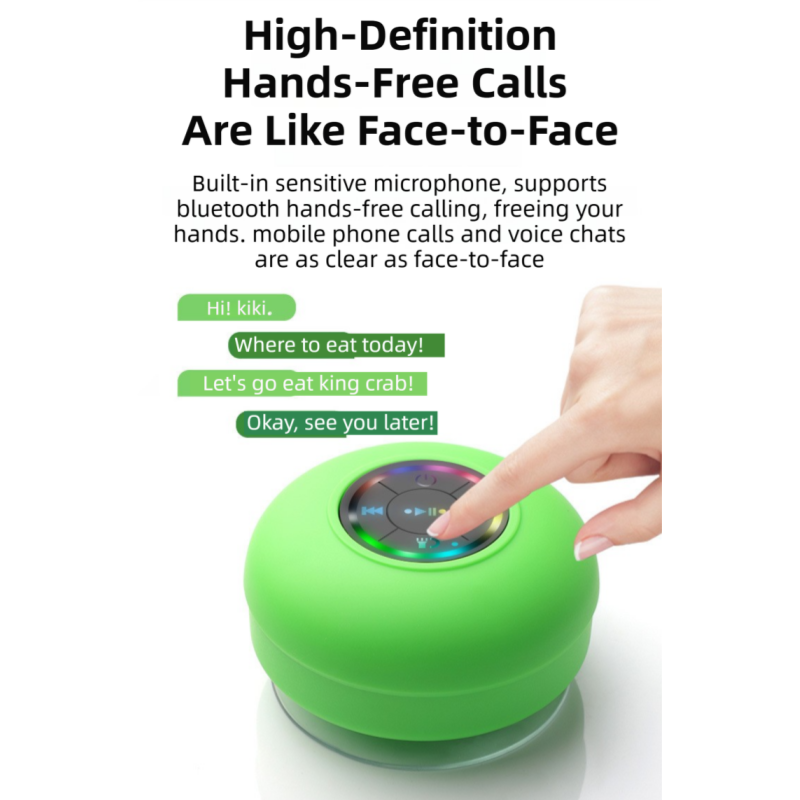 Black IPX4 Waterproof Portable Bluetooth Shower Speaker with Suction Cup & LED Light - Multi-Use As Phone Stand, Built-in Mic for Hands-Free Calling