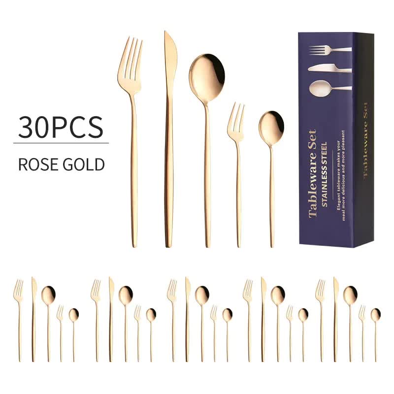 30-Piece Rose Gold Portuguese Style Cutlery Set - Mirror Polished 410 Stainless Steel Dinnerware for 6 (Steak Knives Included)