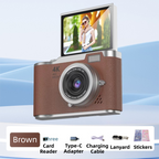 Brown 4K Compact Digital CCD Camera for Vlogging & Students - Portable Point and Shoot with 2.4-inch Rotating Screen, 8X Optical Zoom, and Anti-Shake