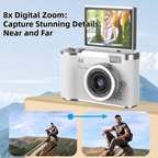 Brown 4K Compact Digital CCD Camera for Vlogging & Students - Portable Point and Shoot with 2.4-inch Rotating Screen, 8X Optical Zoom, and Anti-Shake