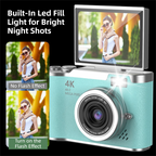 Brown 4K Compact Digital CCD Camera for Vlogging & Students - Portable Point and Shoot with 2.4-inch Rotating Screen, 8X Optical Zoom, and Anti-Shake