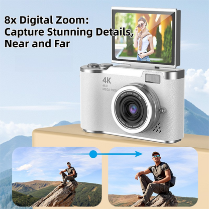 Black 4K Compact Digital CCD Camera for Vlogging & Students - Portable Point and Shoot with 2.4-inch Rotating Screen, 8X Optical Zoom, and Anti-Shake