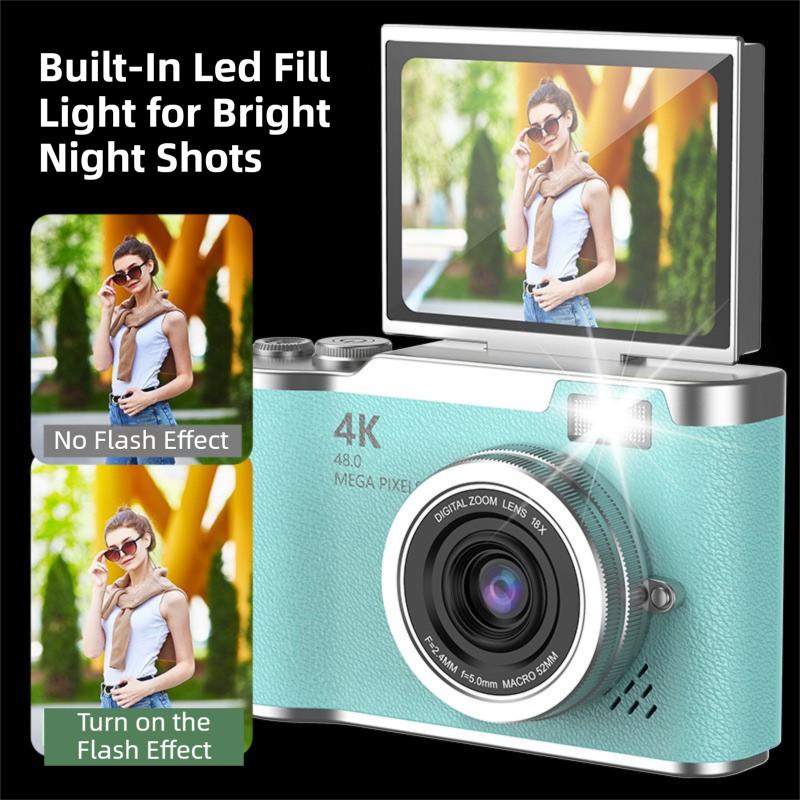 Black 4K Compact Digital CCD Camera for Vlogging & Students - Portable Point and Shoot with 2.4-inch Rotating Screen, 8X Optical Zoom, and Anti-Shake