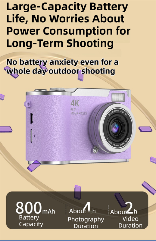 Black 4K Compact Digital CCD Camera for Vlogging & Students - Portable Point and Shoot with 2.4-inch Rotating Screen, 8X Optical Zoom, and Anti-Shake