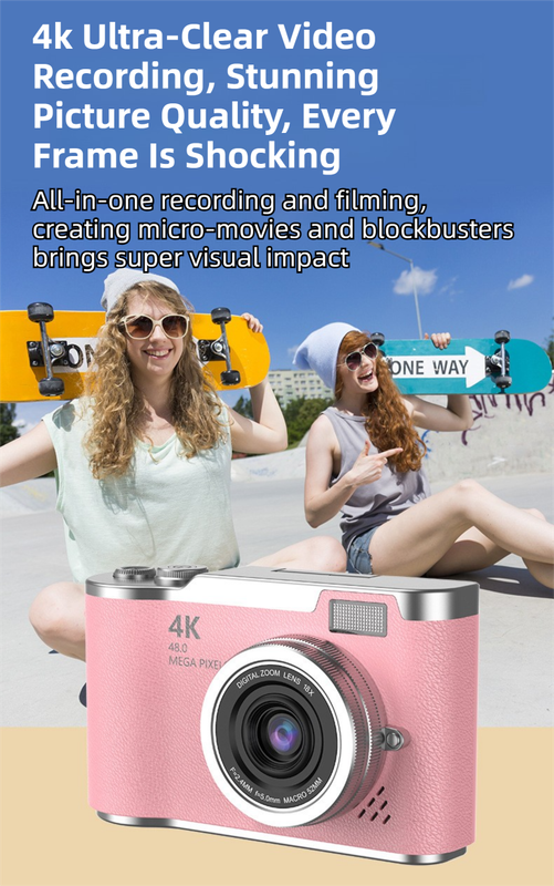 Black 4K Compact Digital CCD Camera for Vlogging & Students - Portable Point and Shoot with 2.4-inch Rotating Screen, 8X Optical Zoom, and Anti-Shake