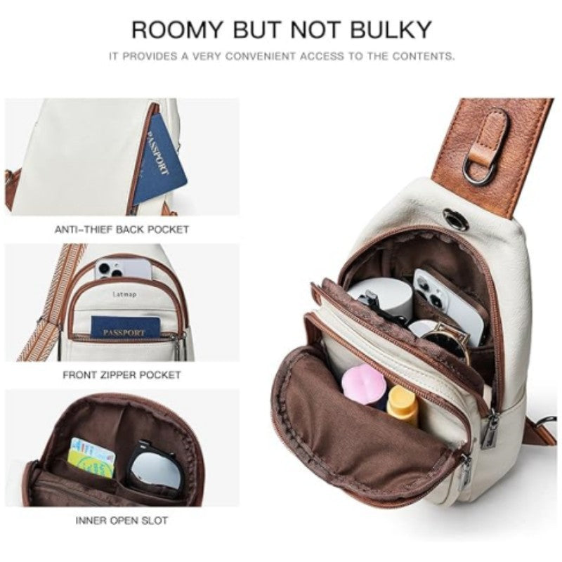 Brown Women's 3-Layer Zipped PU Chest Bag with Reversable Strap - Roomy But Not Nulky Single Shoulder Crossbody Bag