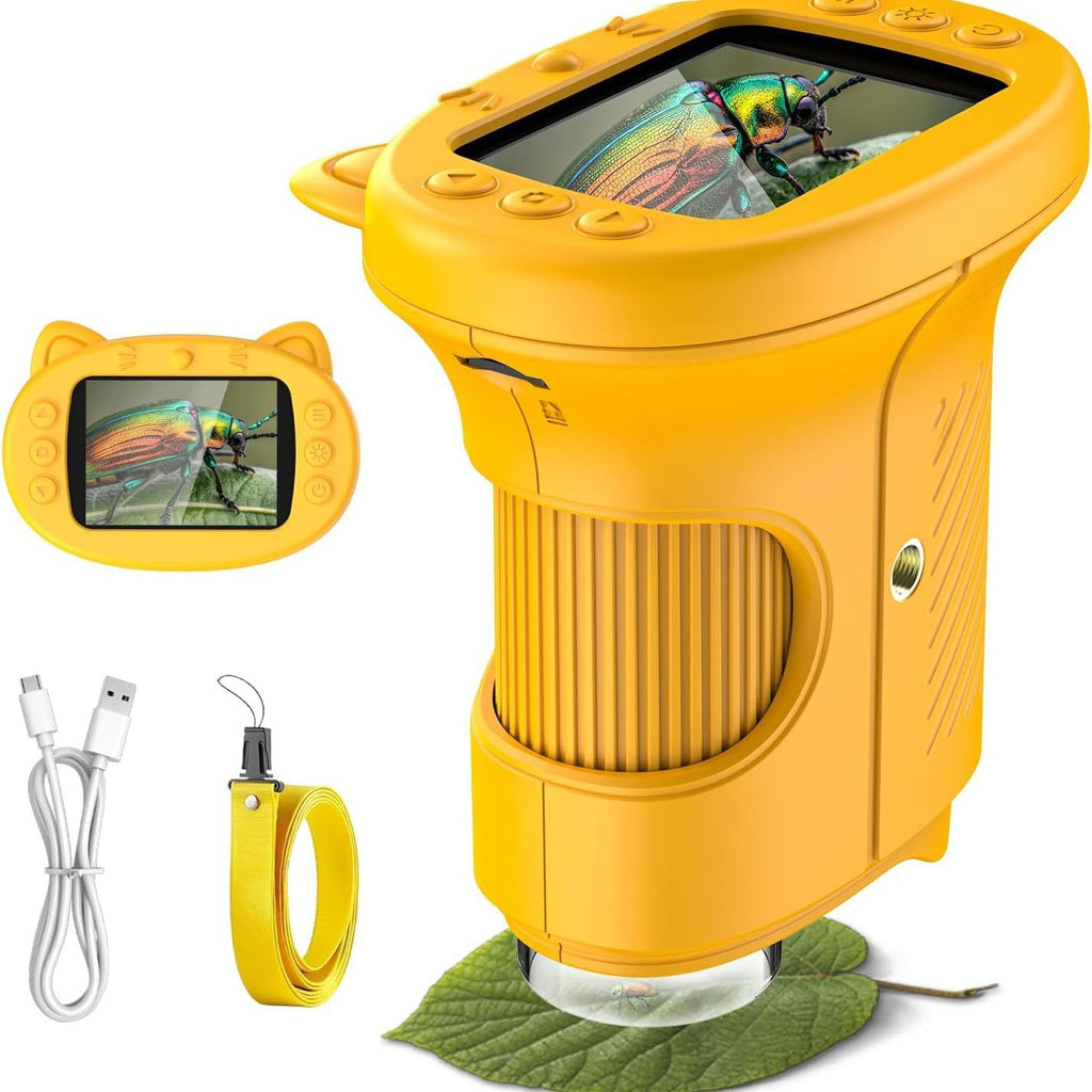 Yellow Kids Handheld Digital Microscope - 2.4-inch HD Portable Magnifier with 1000x Magnification, 2MP Camera, and Built-in Storage & LED