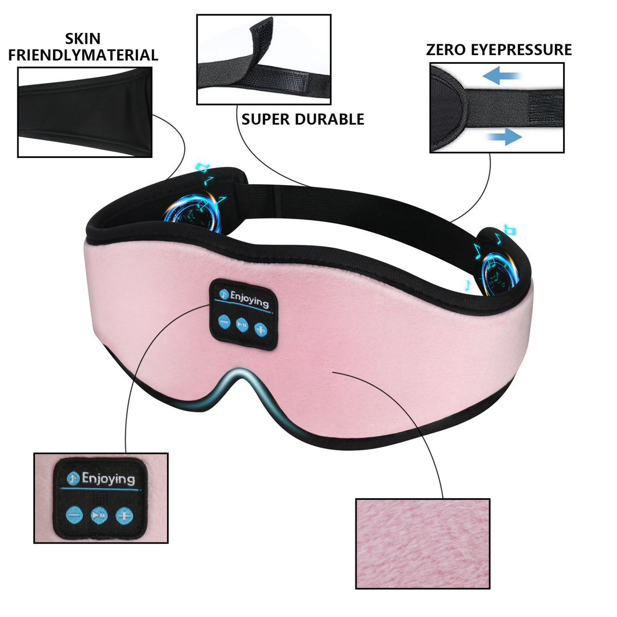 Black 3D Wireless Bluetooth Sleep Mask with Integrated Stereo Headphones - 100% Blackout Memory Foam Eye Mask, Ultra-Long Battery Life & Washable Design