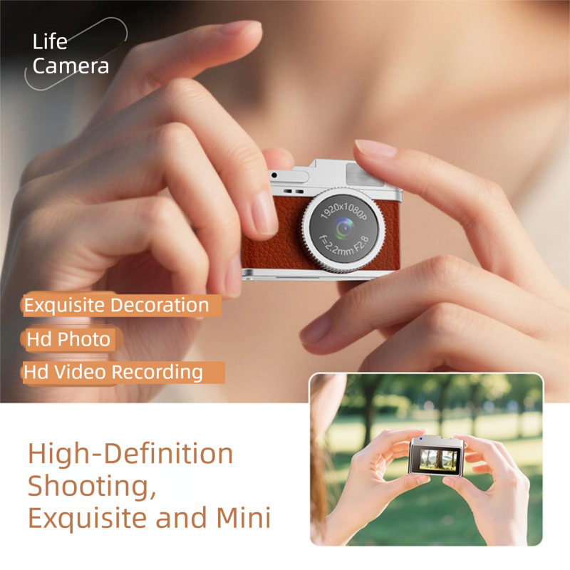Retro Style Ultra-Mini Thumb Cam for Vlogging (Brown) - Portable Digital Photo & Video Recorder with 32GB Memory Card & 0.96" Screen, Free Wearable Keychain & Necklace