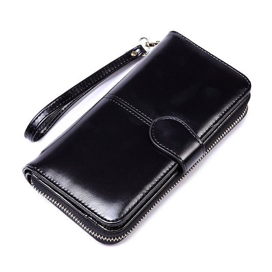 Black Women's Long Buckle Closure Wallet - PU Lether Large Capacity Multi-Slot Card Holder & Purse Combo wIth Wristband