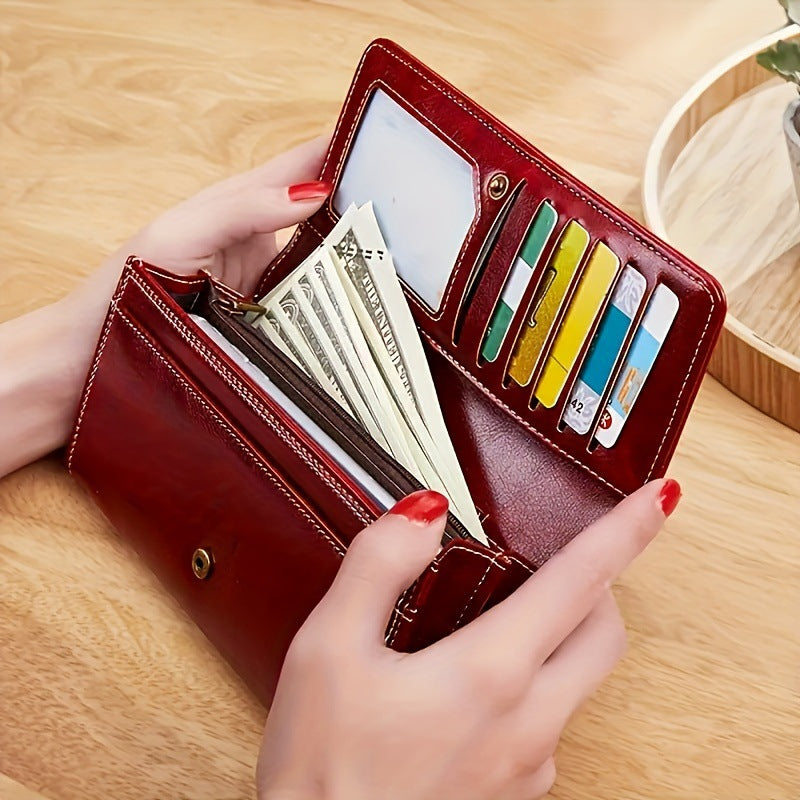 Black Women's Vintage Oil Wax Leather Long Wallet - Elegant Large Capacity Purse with Secure Zipper