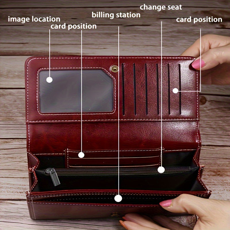 Peacock Blue Women's Vintage Oil Wax Leather Long Wallet - Elegant Large Capacity Purse with Secure Zipper