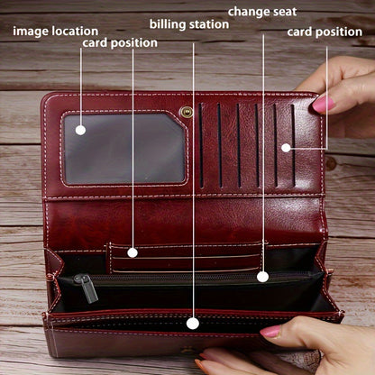 Peacock Blue Women's Vintage Oil Wax Leather Long Wallet - Elegant Large Capacity Purse with Secure Zipper