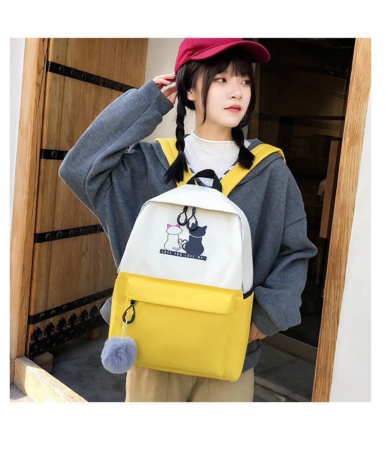4-Piece Black Student Backpack Set with Cat Print - Durable Canvas School Bag Combo - Includes Backpack, Tote Bag, Crossbody Bag & Pencil Case