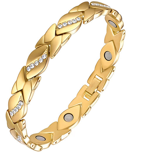 Leaf Magnetic Therapy Bracelet with Rhinestones - Geometric Stylish Wristband & Wellness Jewelry, Free Removel Tool(Gold)
