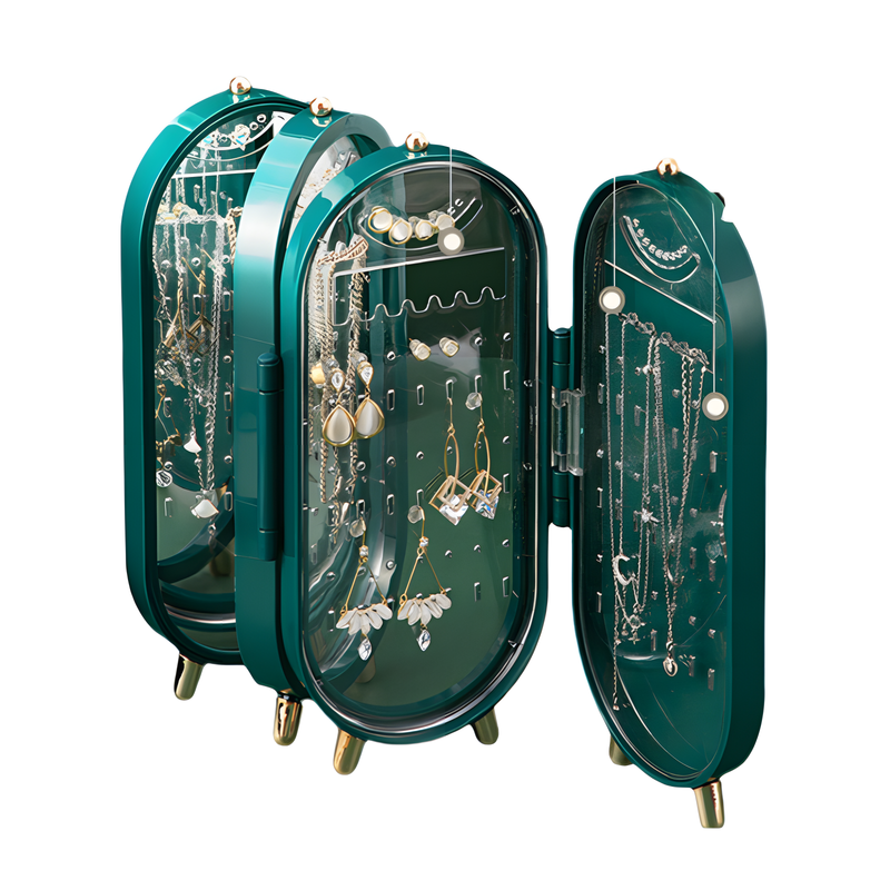 Green 4-Layer Retractable Screen-Style Jewelry Display Stand With Mirror Zone - Dust-Proof Necklace & Earring Organizer Case for Vanity