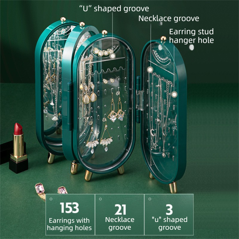 Green 4-Layer Retractable Screen-Style Jewelry Display Stand With Mirror Zone - Dust-Proof Necklace & Earring Organizer Case for Vanity