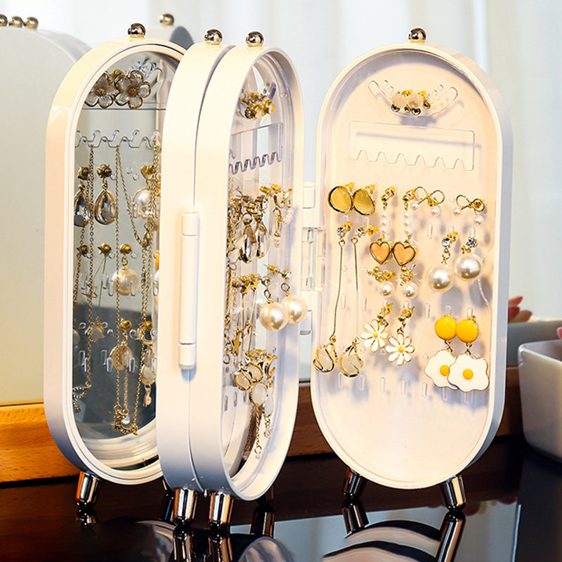 White 4-Layer Retractable Screen-Style Jewelry Display Stand With Mirror Zone - Dust-Proof Necklace & Earring Organizer Case for Vanity