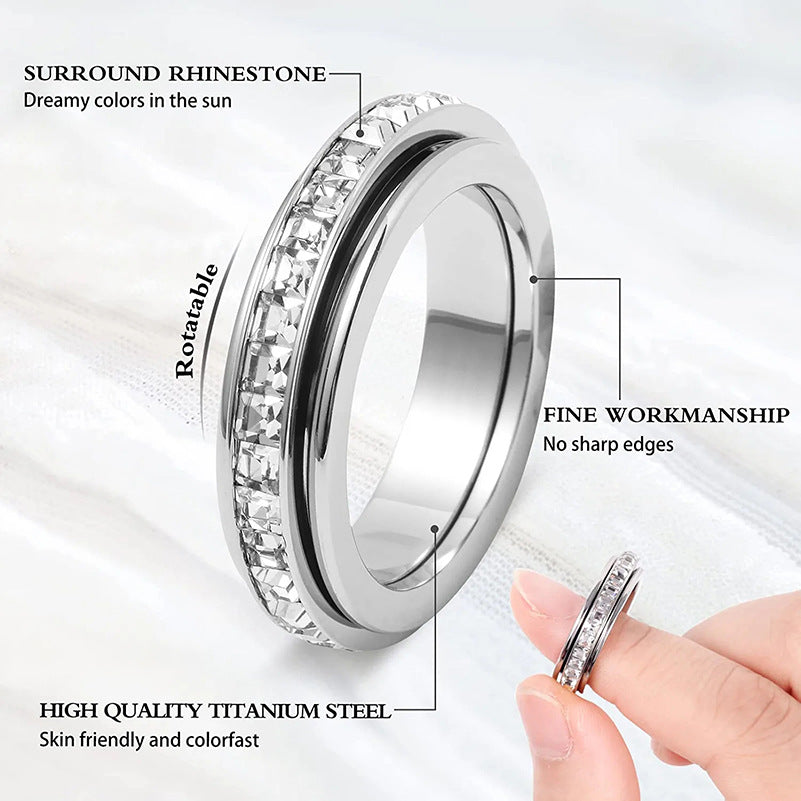 3-Piece Anxiety Spinner Meditation Bands Set - Full Zircon Inlaid Stainless Steel Rings for Stress Relief - US Size 6