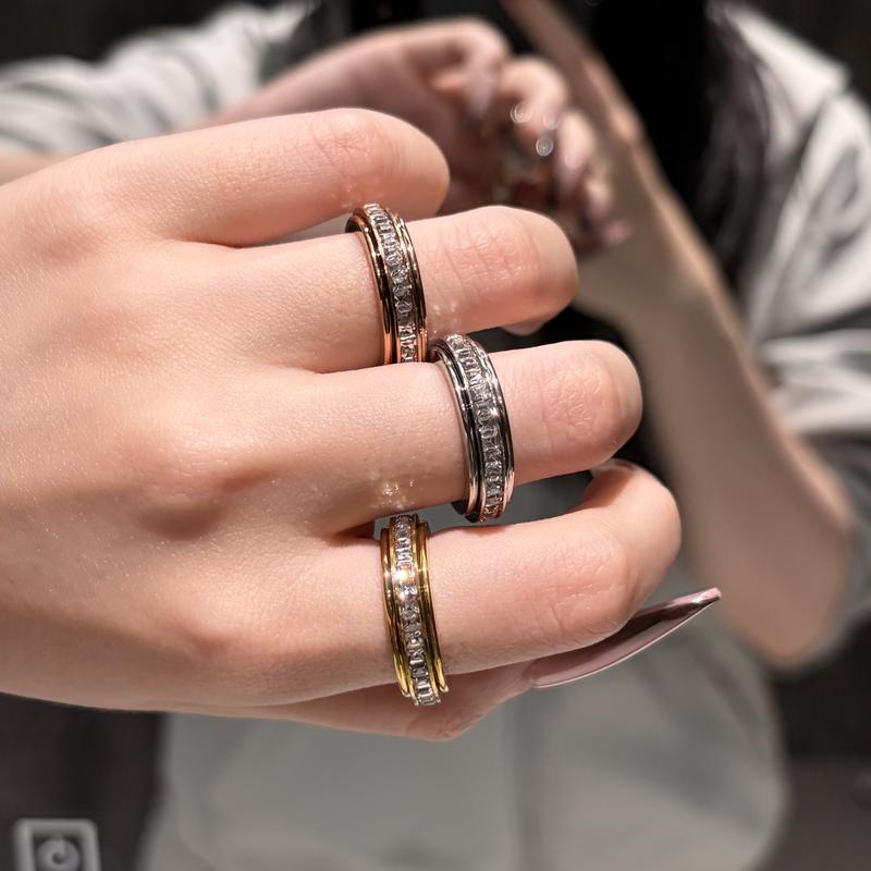 3-Piece Anxiety Spinner Meditation Bands Set - Full Zircon Inlaid Stainless Steel Rings for Stress Relief - US Size 10