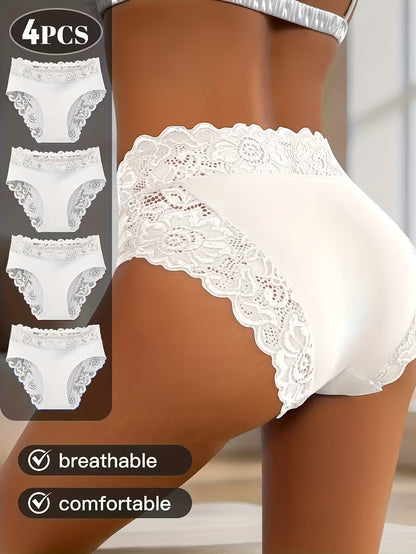 4-Pack White Elegant High-Waist Lace Panties for Women(Size L) - Tummy Control & Butt Lifting Briefs, Breathable Underwear with Cotton Crotch Lining