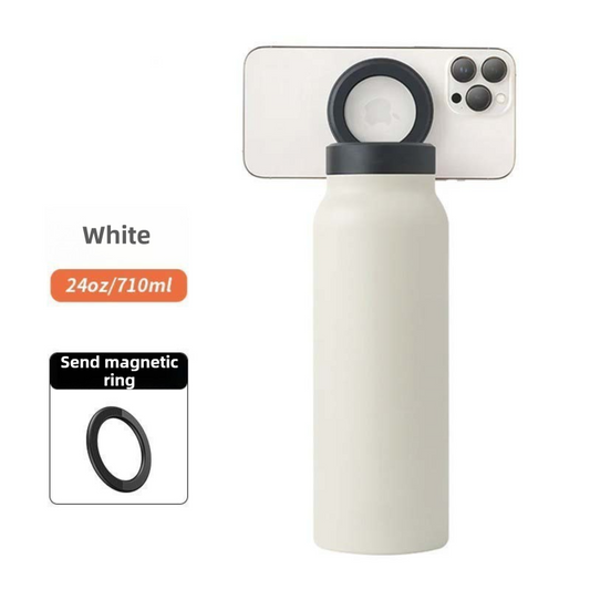 White 24oz Stainless Steel Insulated Water Bottle With 90° Adjustable Vertical/Horizontal Magnetic Phone Holder - Ringo Style Magnetic Lid Sport Flask