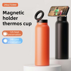 Black 24oz Stainless Steel Insulated Water Bottle With 90° Adjustable Vertical/Horizontal Magnetic Phone Holder - Ringo Style Magnetic Lid Sport Flask