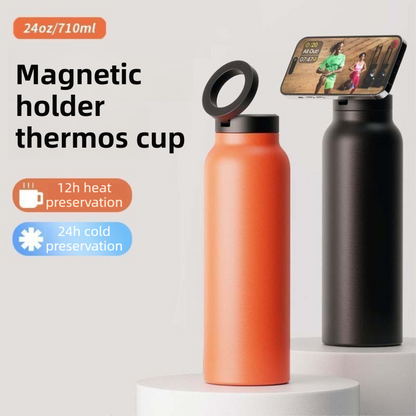 Black 24oz Stainless Steel Insulated Water Bottle With 90° Adjustable Vertical/Horizontal Magnetic Phone Holder - Ringo Style Magnetic Lid Sport Flask