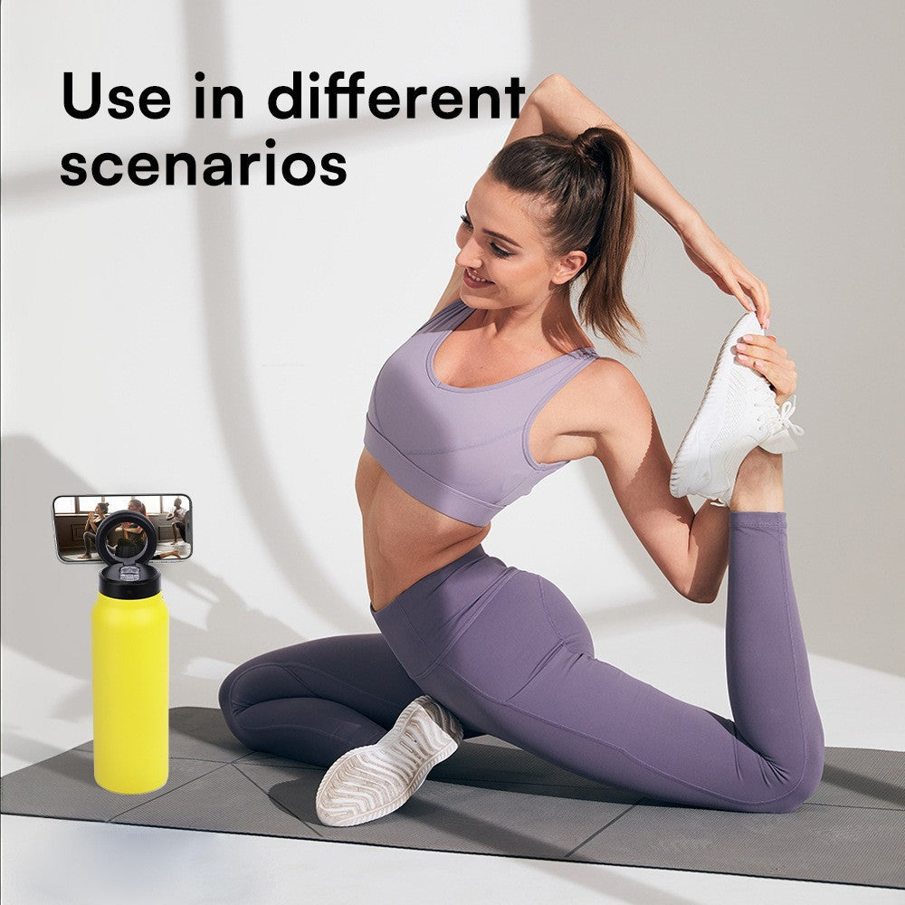 Black 24oz Stainless Steel Insulated Water Bottle With 90° Adjustable Vertical/Horizontal Magnetic Phone Holder - Ringo Style Magnetic Lid Sport Flask