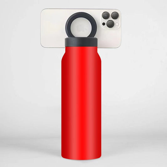 Red 24oz Stainless Steel Insulated Water Bottle With 90° Adjustable Vertical/Horizontal Magnetic Phone Holder - Ringo Style Magnetic Lid Sport Flask