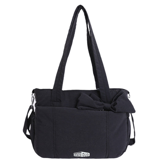 Black Puffy Quilted Nylon Hobo & Crossbody Bag with Cute Bowknot - Trendy Large-Capacity Handbag with Multiple Compartments