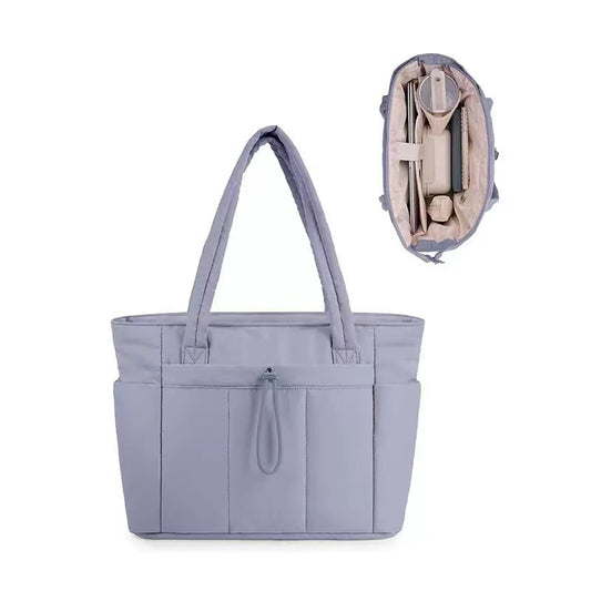 Purple Quilted Puffer Nylon Tote/Laptop Bag for Women with Internal Cup Holder and Front & Side Pockets - Multi-Pocket Travel Handbag Fit in 15.7" Laptop