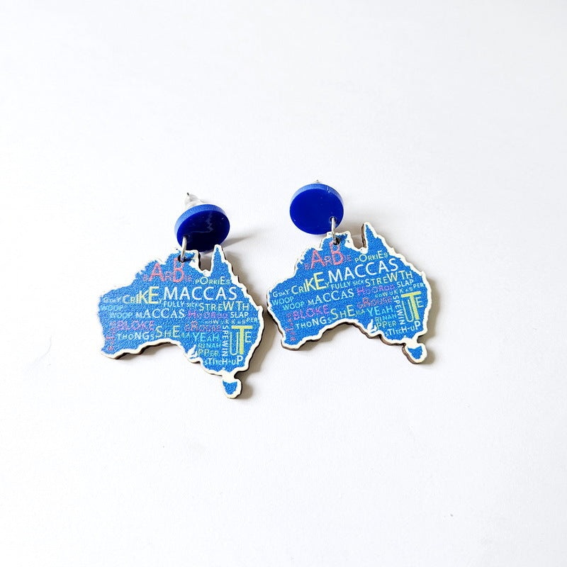 Wooden Australia Map Silhouette Earrings - Lightweight Geometric Ear Drops, Cultural Decor Gift(Style 1)