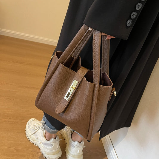 Coffee color Retro 2-Piece Women's Bucket Bag Set with Removable Inner Pouch PU Leather Crossbody Handbag and Fashionable Tote for Australian Everyday Use