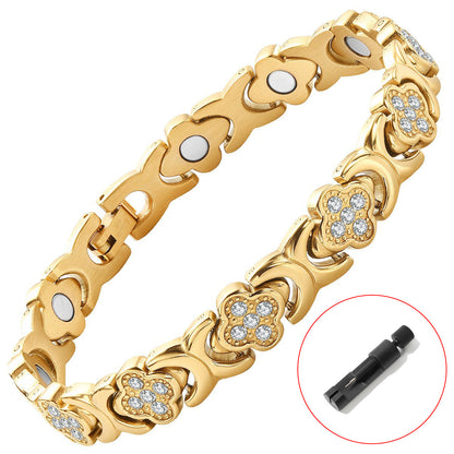 Antique bronze brushed finish New Fashion Lightweight Luxury Four-Leaf Clover Diamond Inlaid Bracelet - Alloy Magnetic Watch Band Style Bracelet for Women + Free Disassembly Tool