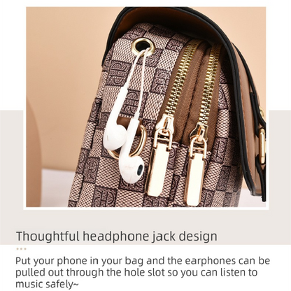 Brown rhombus Women's Mini Crossbody Phone Bag Compact PU Leather with Multiple Pockets and Headphone Port for Daily Travel Stylish Hands-Free Storage for Local Fashion