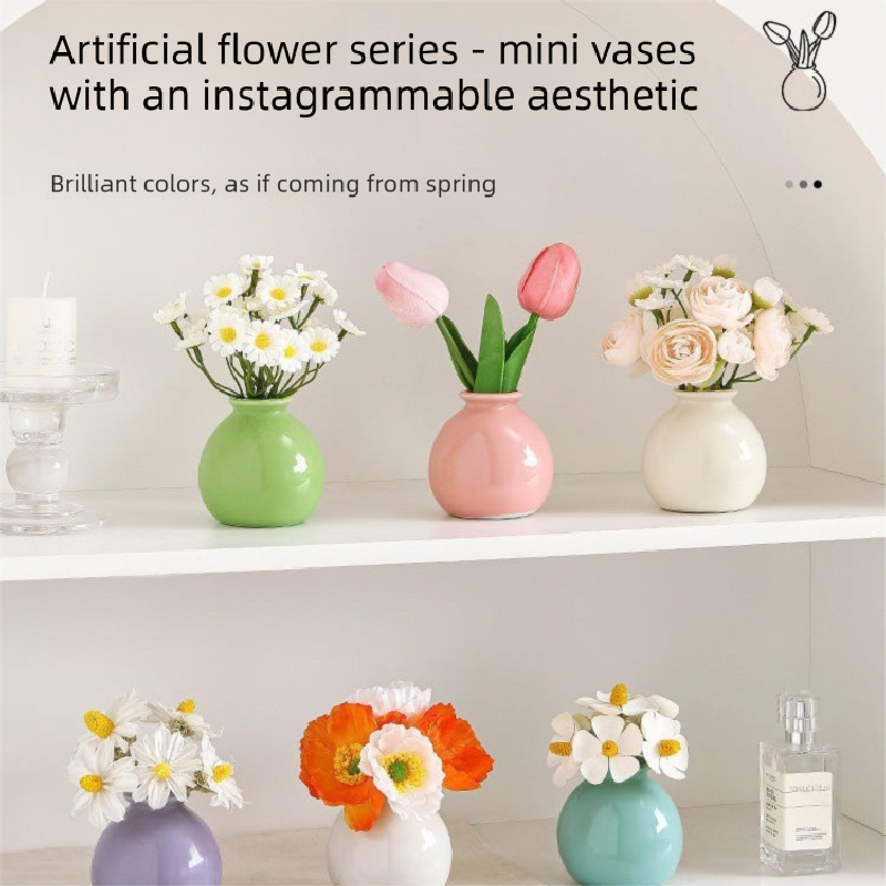 Ceramic Vase with Artificial Flowers Set – Mini Decorative Pot for Home Living Room or Desk Display(Blue bottle and white tulips)
