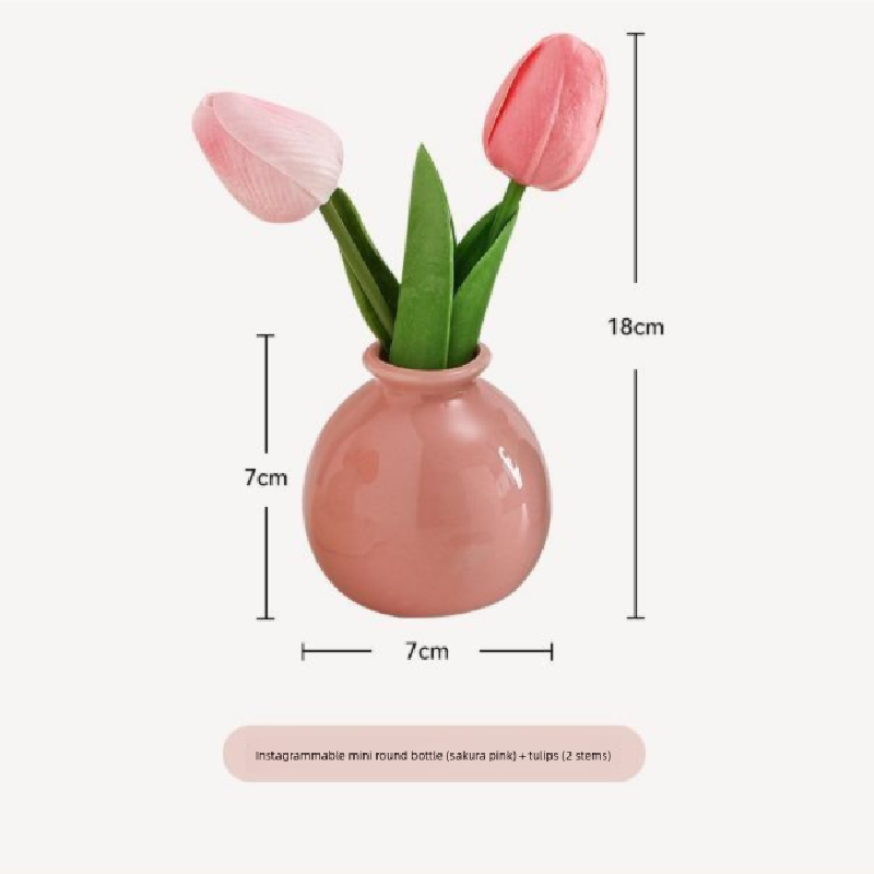 Ceramic Vase with Artificial Flowers Set – Mini Decorative Pot for Home Living Room or Desk Display(Blue bottle and white tulips)