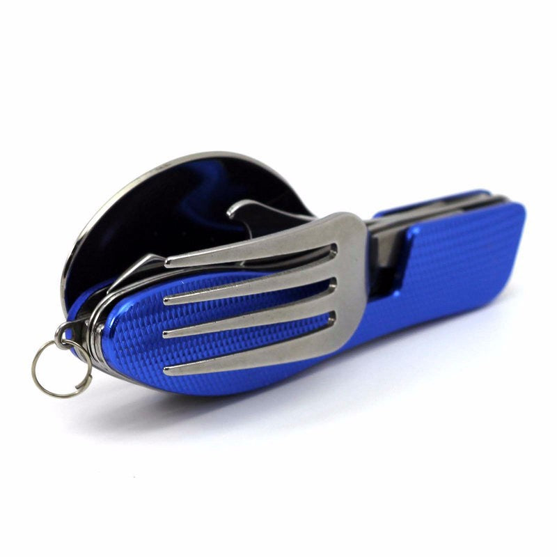 2-PCS Blue Stainless Steel Folding Cutlery Set – Compact 3-in-1 Knife, Fork, Spoon with Removable Design for Outdoor Camping, Hiking, Travel, and Picnic Use