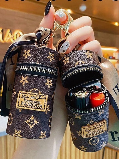 White Mini Cylinder Lipstick Case Keychain with Silk Scarf Charm PU Leather Coin Purse Bag Pendant for Earphones Keys Vintage Floral Pattern