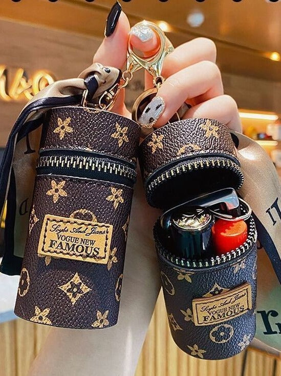 Red Mini Cylinder Lipstick Case Keychain with Silk Scarf Charm PU Leather Coin Purse Bag Pendant for Earphones Keys Vintage Floral Pattern