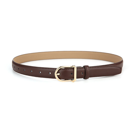Women's Genuine Leather Thin Belt 2.3cm Width Minimalist Gold D-Shaped Buckle Casual Waist Strap for Jeans Dresses Coffee 105cm