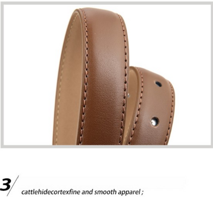 Women's Genuine Leather Thin Belt 2.3cm Width Minimalist Gold D-Shaped Buckle Casual Waist Strap for Jeans Dresses Caramel Color 105cm