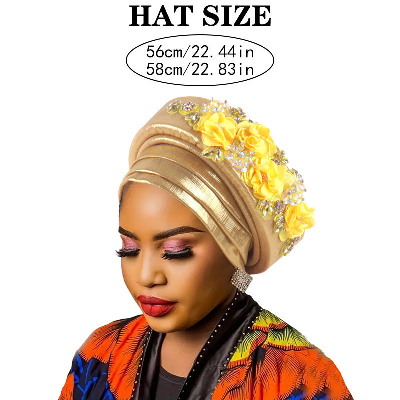 Women's Luxury Silver Turban Hat with Beaded Floral Embellishments Pre-Tied African Style Headwrap for Weddings Parties & Special Occasions