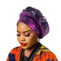 Women's Luxury Purple Turban Hat with Beaded Floral Embellishments Pre-Tied African Style Headwrap for Weddings Parties & Special Occasions