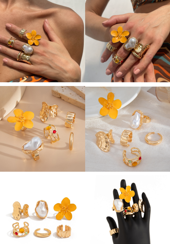 6-Piece Gold Chunky Stackable Ring Set Deep Red Enamel Flower & Baroque Pearl - Adjustable Open Finger Jewellery for Women (Light Gold)