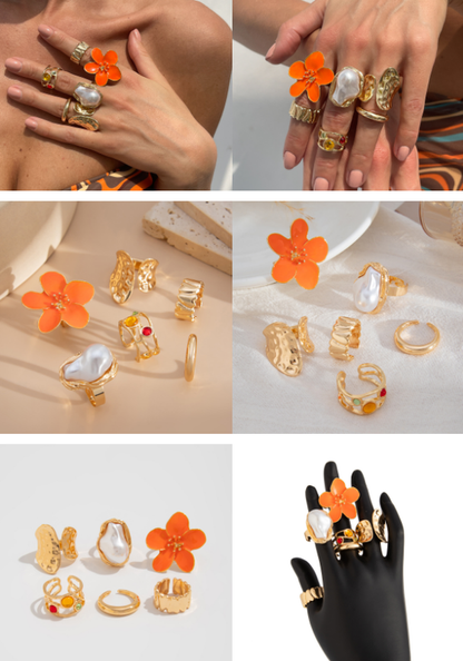 6-Piece Gold Chunky Stackable Ring Set Deep Red Enamel Flower & Baroque Pearl - Adjustable Open Finger Jewellery for Women (Light Gold)