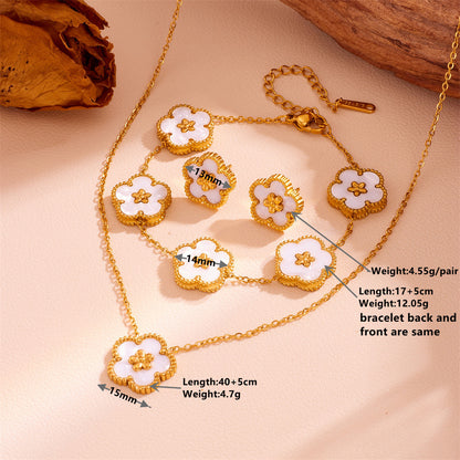 3-Piece Floral Jewellery Set (Green Shell Style) - Gold Plated Stainless Steel 5-Petal Flower Necklace, Bracelet & Earrings - Tarnish Free & Hypoallergenic Gift for Women