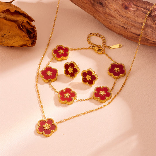 3-Piece Floral Jewellery Set (Red Shell Style) - Gold Plated Stainless Steel 5-Petal Flower Necklace, Bracelet & Earrings - Tarnish Free & Hypoallergenic Gift for Women