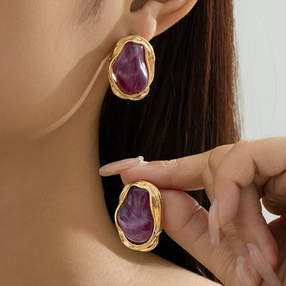 A Pair of Vintage Baroque Statement Earrings - Chunky Gold Tone Irregular Studs with Light Green Faux Stone - Stainless Steel Pin Fashion Jewellery for Women